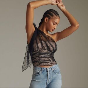 NEW Anthropologie Mesh Tulle Black Sheer Polka Dot Asymmetrical Corset Top Large